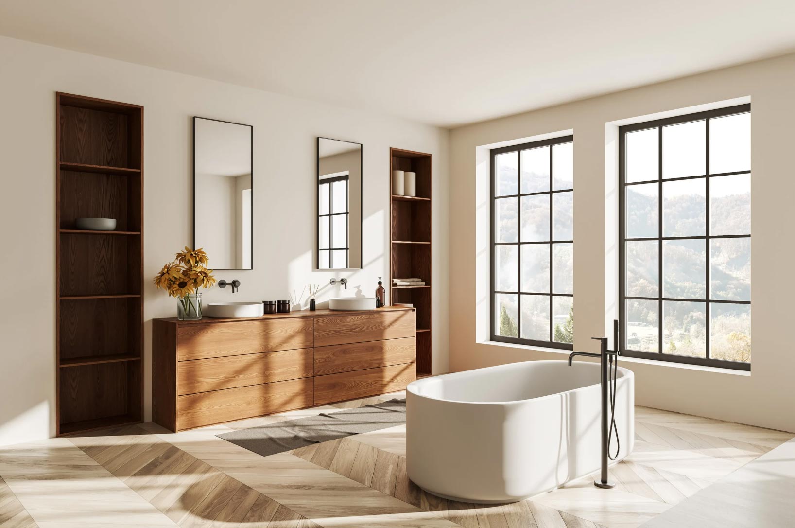 Modern bathroom crafted by leading home remodeling contractors, featuring a freestanding tub, wooden cabinets, large windows, and herringbone wooden floors. Embrace the minimalist decor that embodies exquisite design and function.